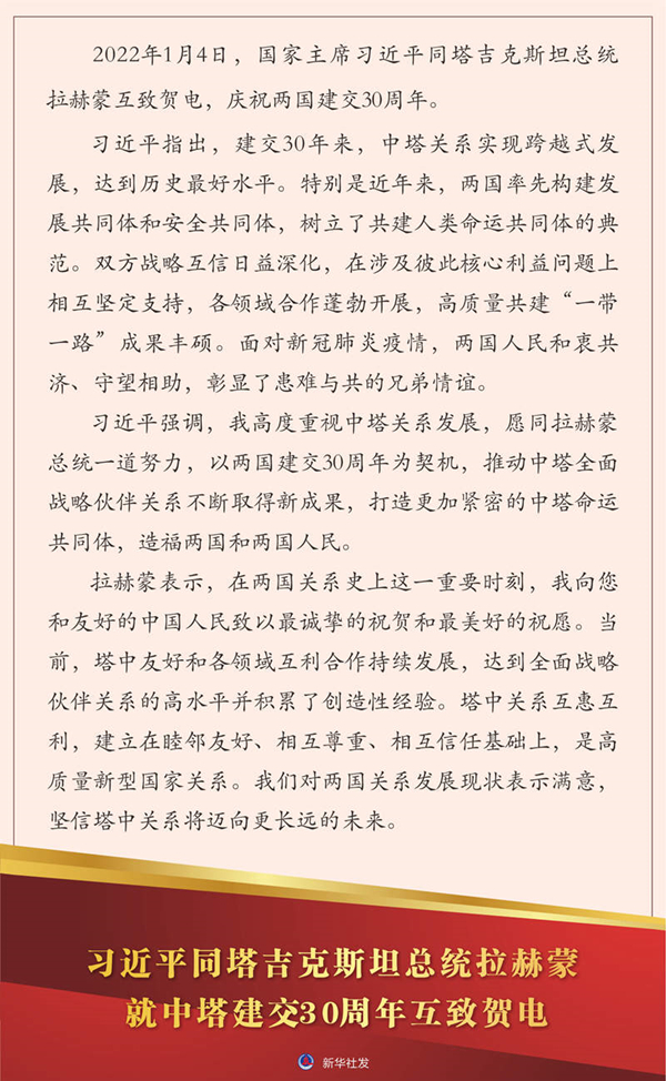 习近平同塔吉克斯坦总统拉赫蒙就中塔建交30周年互致贺电